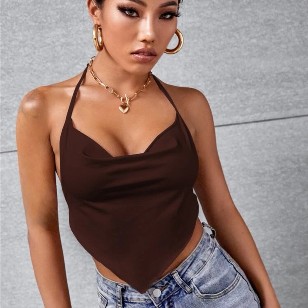 2/14$! NWT XL SHEIN brown tie back handkerchief halter top w/cowl neck.